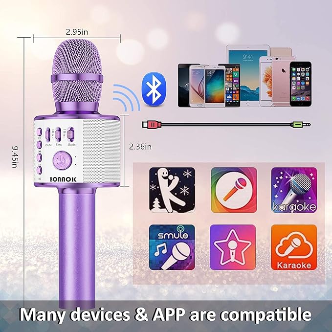 BONAOK Wireless Bluetooth Karaoke Microphone, 3-in-1 Portable Handheld Mic Speaker Machine for All Smartphones, for Girls Boys Kids Adults All Age Q37(Light Purple)-CubbioJoy