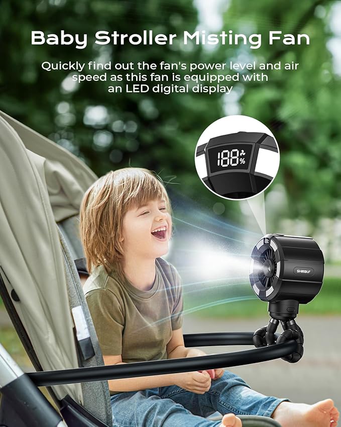 6000mAh Misting Fan for Stroller, 3 Speeds Portable Clip Fan with Intermittent/Continuous Spray, 14H Cooling, Detachable Mount, Timer & Night Light for Baby (100ML Water Tank) - Black-CubbioJoy