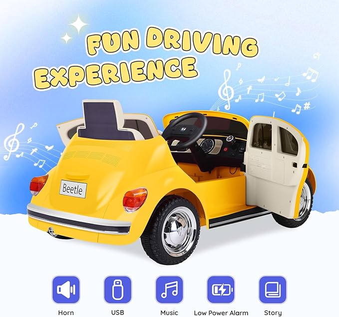 12V Kids Electric Car, Power Wheels with Remote Control, Ride on Car Toys with LED Light, 3 Speeds, Music, Yellow-CubbioJoy