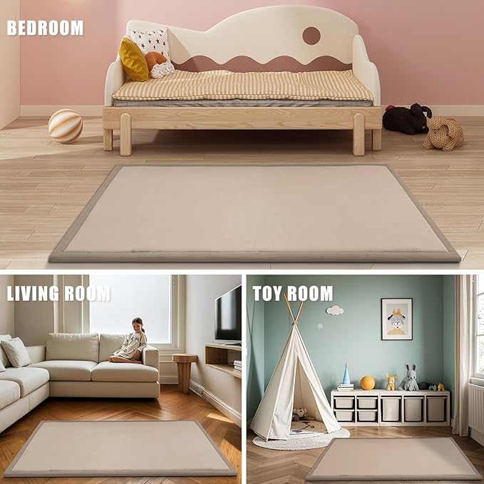 Baby Play Mat for Floor, 1.3" Thick Extra Large Cushioning Memory Foam Playpen Cushion, Soft Coral Velvet Tummy Time Mat with Non-Slip Backing, Child Nursery Rug for Toddlers, Kids (Beige, 79X59)-CubbioJoy