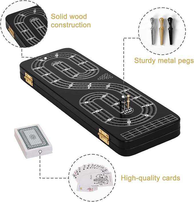 Cribbage Board Game Set 3 Tracks, 2 Storage Area, with 9 Metal Pegs,2 Decks of Playing Cards and Instruction, Wooden Travel Portable Cribbage Game Sets-CubbioJoy