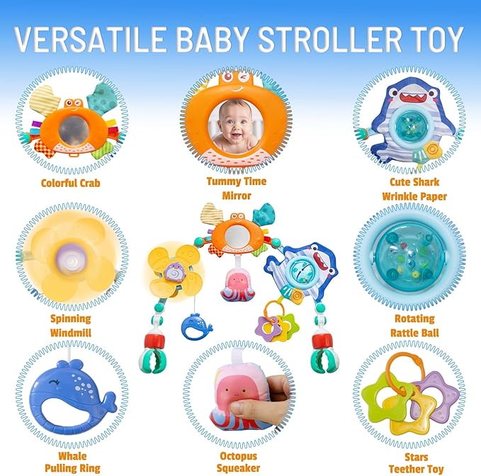 Adjustable Baby Stroller Arch Toy, Car Seat Toys for Infants 6-12 Months Hanging Toy Bar Attachment with Teether & Sound, Crib Comfort Gift for Birthday, Baby Shower-CubbioJoy