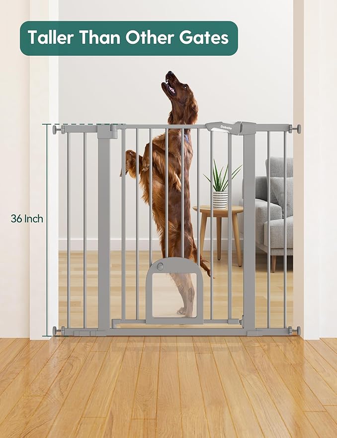 Babelio 36" Tall Upgraded Baby Gate with Cat Door,29-43" Auto Close Durable Dog Gate for Stairs,Doorways and House,Easy Walk Thru,Includes 4 Wall Cups,Gray-CubbioJoy