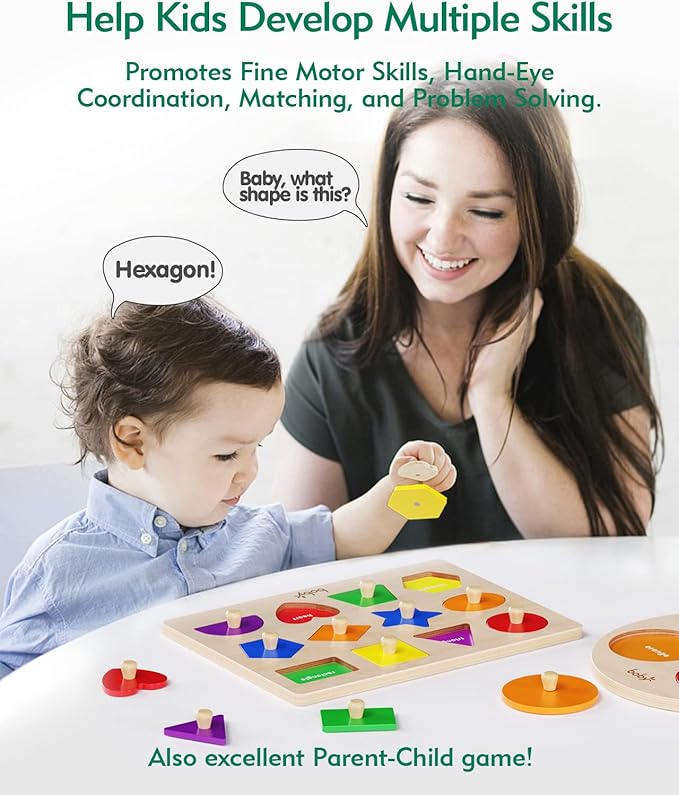 Boby Shape Color Puzzle for Toddlers 1-3, Montessori Learning Toys for 1 + Year Old Girl, Jumbo Knob Wooden Pegged Chunky Shapes Puzzles for Kids Ages 3, Baby Educational Toys 12-18-24 Months Boys-CubbioJoy