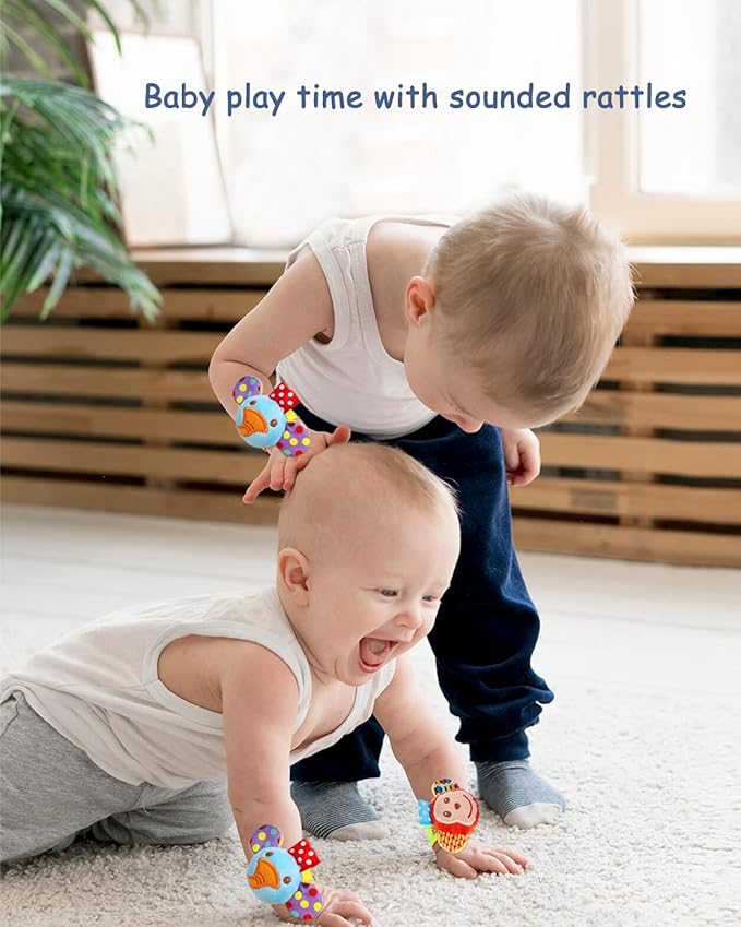Infant Rattle Socks Toys 0 to 12 Months, Baby Wrist Rattle Foot Finder Socks Set, Birthday Holiday Present for Newborn Boy Girl 0/3/4/6/7/8/9/12/18 Months Kids Toddler, Gift Box Package (4A)-CubbioJoy