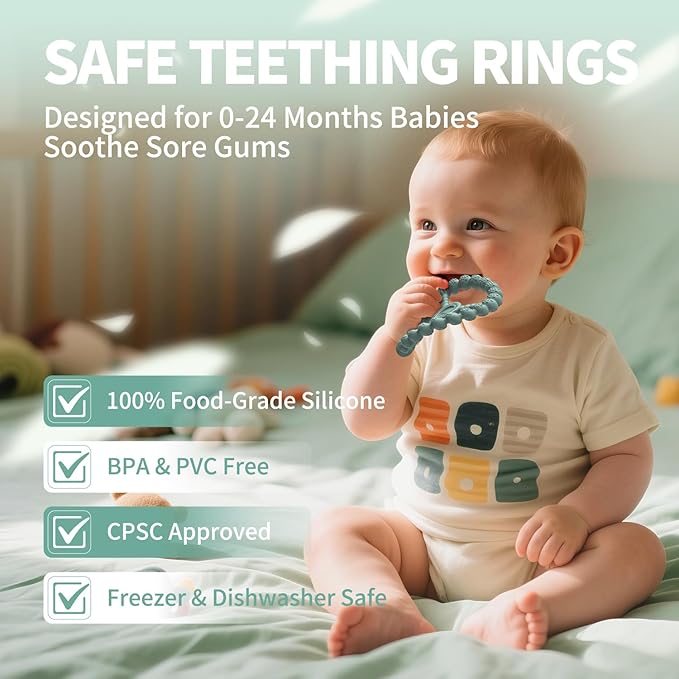 3 Pack Baby Teething Toys 3-6 Months, Silicone Ring Teethers for Babies 6-12 Months, Freezer Safe Chew Toy with Textured Grip for Boys Girls Teething Relief, Infant Easter Gift (Mint Green Blue)-CubbioJoy