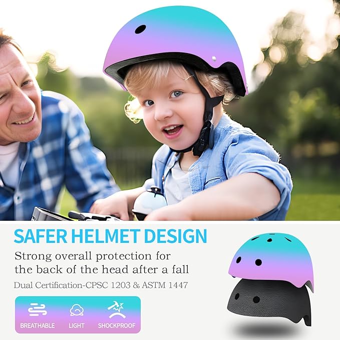 Adjustable Kids Bike Helmet with Knee & Elbow Pads Set, Color Gradient Design for Boys and Girls Aged 3-14+, for Skateboarding, Scooter, Roller & Inline Skating, Longboard-CubbioJoy