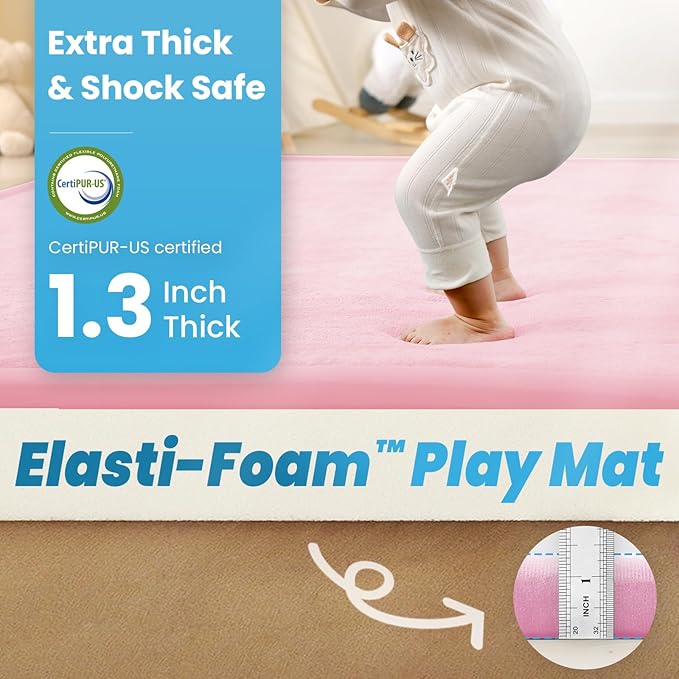 Baby Play Mat for Kids Room,Extra Thick Elasti-Foam Anti-Fall Cushion Mat for Babies,Toddlers,Infants,Water-Repellent&Non-Slip Bedroom Bedside Rugs(Pink)-CubbioJoy