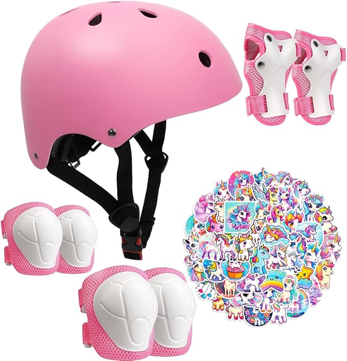 Kids Bike Helmet with Knee Elbow Wrist Pads Guards,Pink,for Ages 2-3-5-8-14,Sports Bicycle,Skate Scooter,Rollerblading with Unicorn Sticker-CubbioJoy