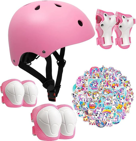 Kids Bike Helmet with Knee Elbow Wrist Pads Guards,Pink,for Ages 2-3-5-8-14,Sports Bicycle,Skate Scooter,Rollerblading with Unicorn Sticker-CubbioJoy