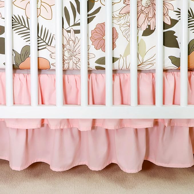 4-Piece Crib Bedding Set for Girls, Pink Baby Girl Bedding Set with Crib Skirt, Baby Quilt, Crib Sheet and Diaper Stacker, Daisy Flower-CubbioJoy