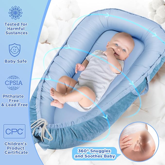 Baby Lounger - Baby Lounger for Newborn 0-24 Months, Breathable & Soft Cotton and Velvet Cover Baby Nest, Portable Tummy Time Lounger for Home and Travel, Ideal Baby Essentials & Shower Gifts-CubbioJoy