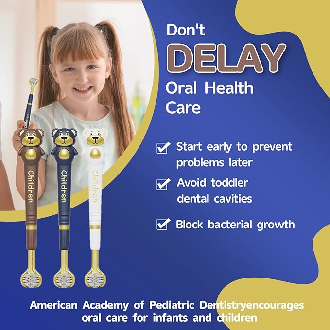 3 Sided Toothbrush for Kids, Japanese Design Triple-Angle Toothhugger, Cartoon Bear Design for Autism Toddlers, Kids Toothbrush for Aged 3-12, Soft Bristles for Gentle Gum Care (3Pack)-CubbioJoy