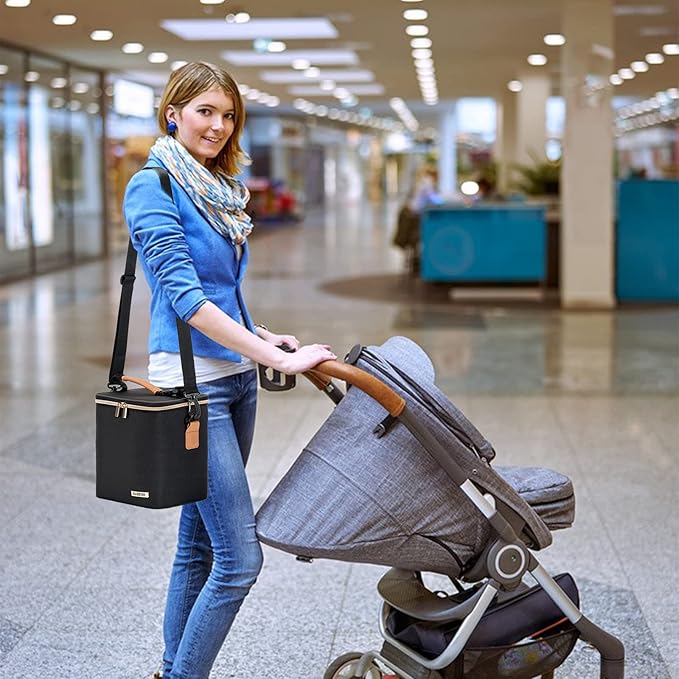 Breastmilk Cooler Bag with Ice Pack Fits 6 Baby Bottles Up to 9 Ounce, Baby Bottle Bag with Shoulder Strap for Nursing Mom Daycare, Black-CubbioJoy