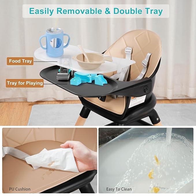 Baby High Chair, 6 in 1 Wooden Convertible High Chairs for Babies and Toddlers, Booster Seat with Double Tray & Reversible Footrest, 5-Point Harness Infants Feeding Seat, Black-CubbioJoy