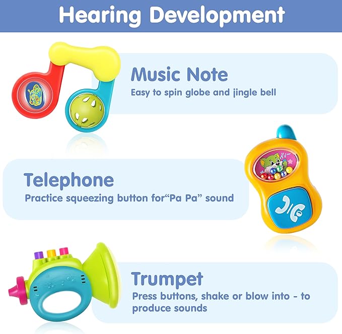 iPlay, iLearn 10pcs Baby Rattles Toys Set, Infant Grab Shake Rattle, Easy Hold Sensory Teether, Babies Development Learning Music Toy, Newborn Shower Birthday Gift 1 2 3 4 5 6 7 9 10 12 Month Boy Girl-CubbioJoy