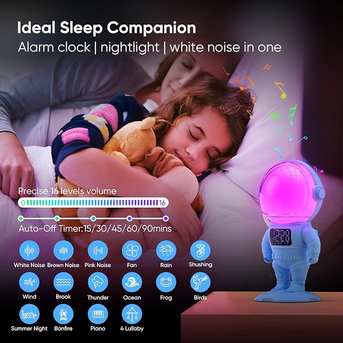 Astronaut Sunrise Alarm Clock for Kids, White Noise Sound Machine with 30 Soothing Sounds, 22 Dimmable Nightlights, Bluetooth Speaker, Dual Digital Alarm Clocks, Wake Up Light for Bedroom, Adults-CubbioJoy