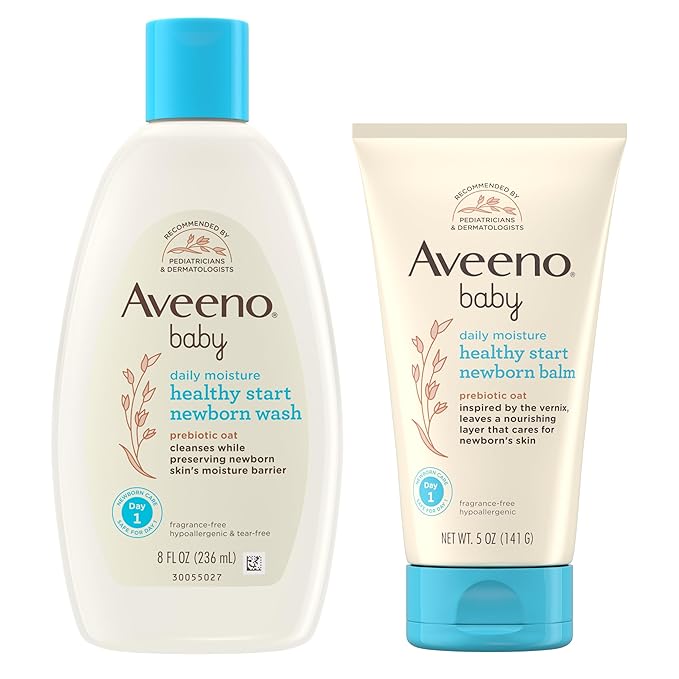 Bundle of Aveeno Baby Healthy Start Newborn Wash, Hypoallergenic Baby Body Wash with Prebiotic Oat, Fragrance-Free, 8 fl. oz + Newborn Balm, Baby Skin Balm with Prebiotic Oat , Fragrance-Free, 5 oz-CubbioJoy