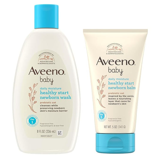 Bundle of Aveeno Baby Healthy Start Newborn Wash, Hypoallergenic Baby Body Wash with Prebiotic Oat, Fragrance-Free, 8 fl. oz + Newborn Balm, Baby Skin Balm with Prebiotic Oat , Fragrance-Free, 5 oz-CubbioJoy