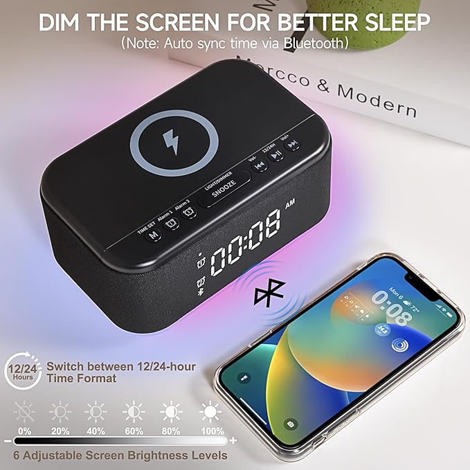 Alarm Clock Speaker Wireless Charger, Digital Alarm Clocks Bedrooms Bluetooth, Alarm Clock Dimmable Light Bedrooms Dual Alarm Snooze Dimmer 12 24H RGB Night Light Bluetooth USB AUX, Black-CubbioJoy
