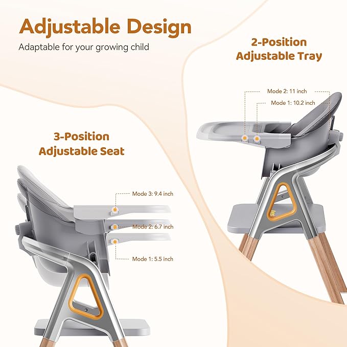CoziBB Baby High Chair, 6 in 1 Convertible Growing Baby Highchairs for Babies and Toddlers, Baby Chair with Adjustable Dining Tray and Seat, 5-Point Safety Belt, Grey-CubbioJoy