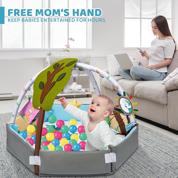 Baby Gym Play Mat, 8-in-1 Tummy Time Mat & Ball Pit with 6 Toys, Washable Baby Activity Play Mat for Visual, Hearing, Sensory, Motor Development, Baby Toys Gift for Toddler Infant 0-3-6-9-12 Month-CubbioJoy