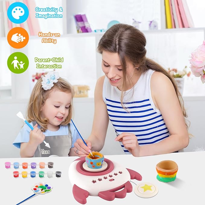 deAO Pottery Wheel for Kids Complete Painting Set for Beginners Mini Pottery Wheel Kit with Air Dry Clay Tools, Arts & Crafts Clay Wheel Toys Birthday Gifts for Girls Boys Age 3+ (Red)-CubbioJoy
