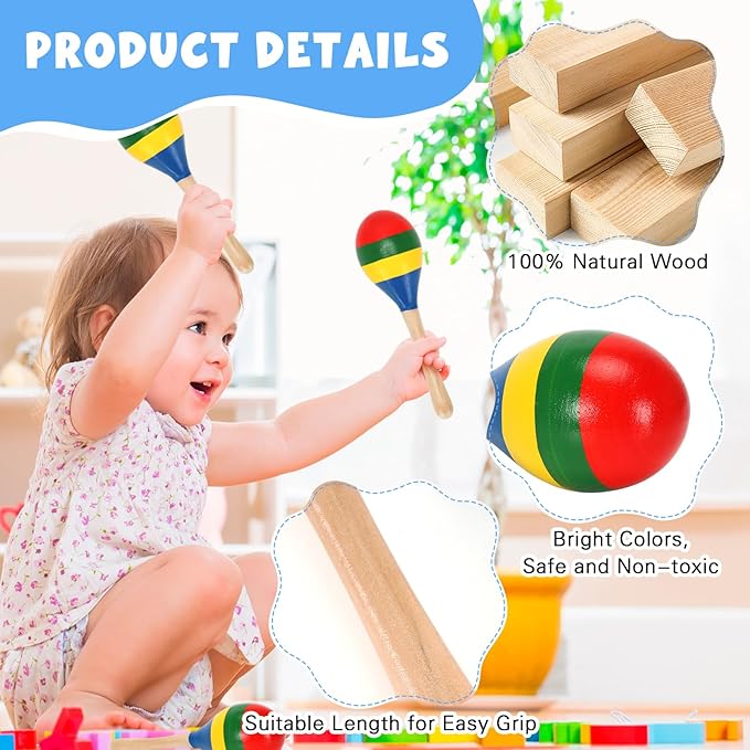 2 Pcs Maracas, Hand Percussion Rattles for Kids, Wooden Rumba Shaker Hand Musical Instruments with Clear Rhythm for Kids Adults Playing (Colorful)-CubbioJoy