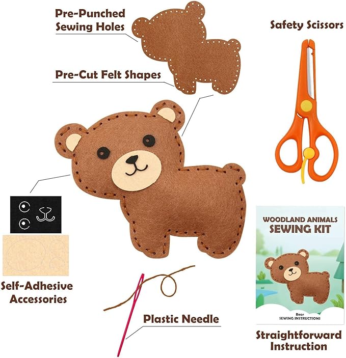 CiyvoLyeen Woodland Animals Craft Kit Kids DIY Crafting and Sewing Set Woodland Animals Felt Plushie for Girls and Boys Educational Beginners Sewing Set Sewing Kits for Kids Age 8 9 10 11 12-CubbioJoy