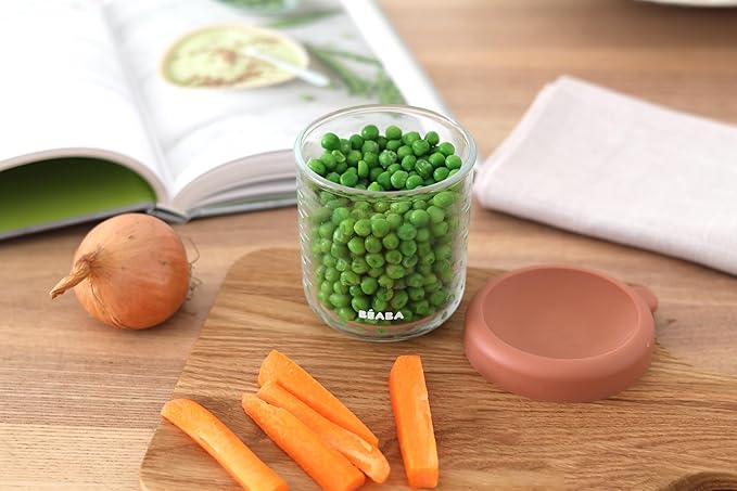 BEABA 8 oz Glass Baby Food Jars with Soft Silicone Air Tight Lids, Glass Storage Containers with Lids, Microwave and Freezer Safe Containers, Terracotta-CubbioJoy