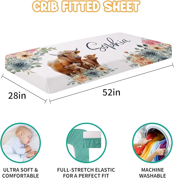 Custom Crib Bedding Set - Highland Cow Design Personalized Name Baby Nursery Bed 3 Pcs Set - Chic Soft Blanket with Dotted Backing, Sheet, Pillowcase for Newborn Girls Boys Gifts Color03-CubbioJoy