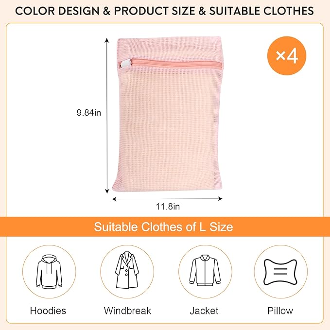 4 Piece Pink Small, Durable Organic Cotton Mesh Laundry Bag with Strong Zipper and Breathable Mesh, Delicate Laundry Bag for Underwear, Clothes, Pants and Socks-CubbioJoy