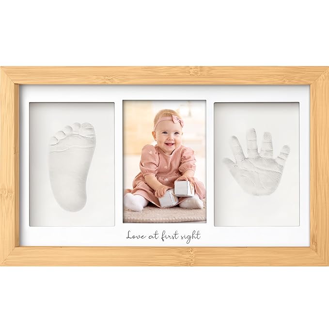 Baby Hand and Footprint Kit - Clay Handprint Keepsake Frame, Newborn Nursery Picture Frame, Personalized New Mom Gifts for Baby Shower & Registry (Bamboo)-CubbioJoy