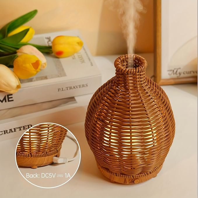 Aromatherapy Essential Oil Diffuser Rattan Woven Aroma Diffuser with Warm Light 80ML Cool Mist Humidifier Waterless Auto Shut-off for Home,Baby Bedroom,Office-CubbioJoy