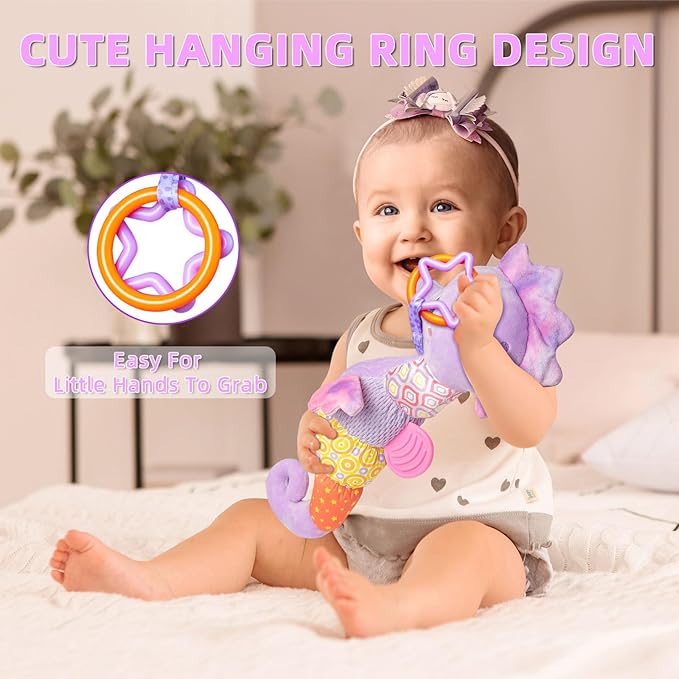 Baby Toys 0-6 Months,Infant Musical Seahorse Stuffed Animals Sensory Toys with Bright Colors,Multiple Textures,Rattles & Crinkle Sound Paper,Tummy Time Toy for Newborn Boys Girls 0-12 Months-Purple-CubbioJoy