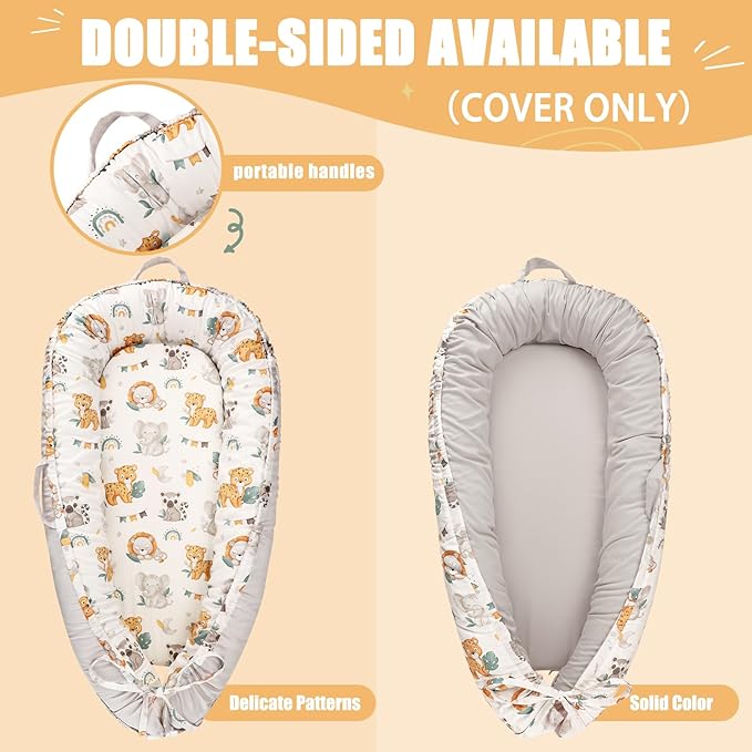 Baby Lounger Cover for Boys Girls, Reversible Baby Nest Cover, Adjustable Baby Lounger Replaceable Cover for Infant Newborn, Portable and Machine Washable, Cotton Gray Elephant Cover Only-CubbioJoy