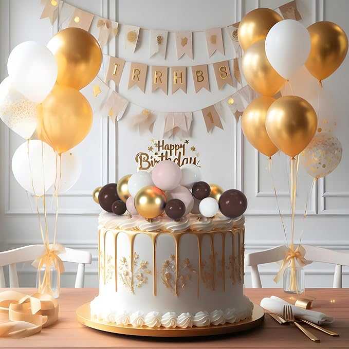 75 Pieces Cake Balls Topper Decorations Foam Cupcake Topper Mini Balloon Cake Topper Picks for Cake Deco Birthday Party Wedding（Brown Gold White Series）-CubbioJoy