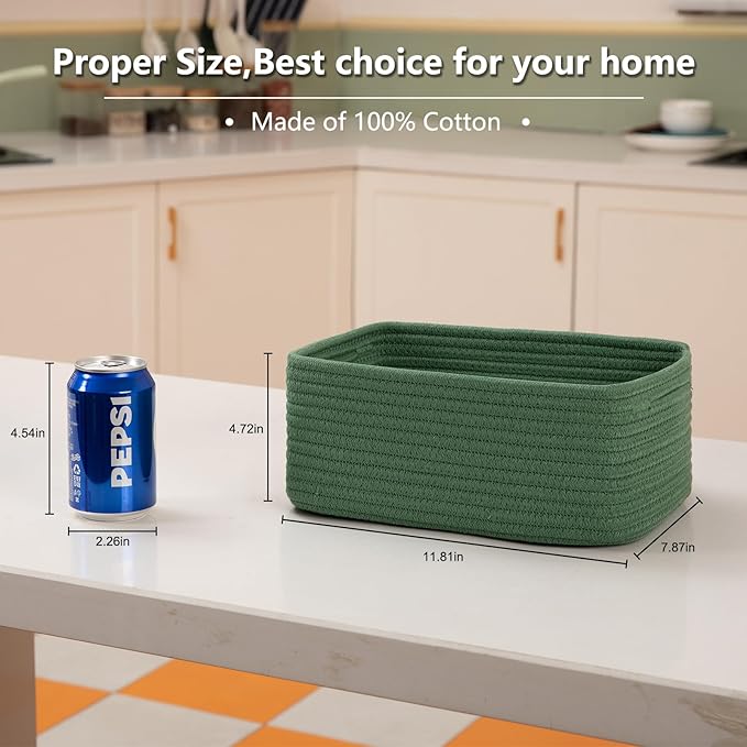4 Pack Small Storage Shelf Baskets for Organizing, Mini Woven Rope Storage Bins for Towels, Cute Decorative Closet Organizer，Baby Nursery, Gift Empty Baskets -11.81''Lx7.87''Wx4.72''H-Green-CubbioJoy