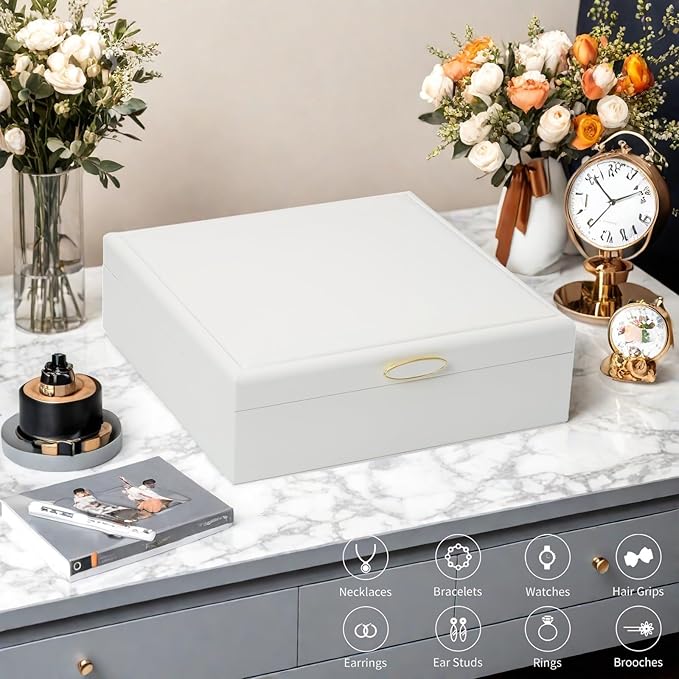 Jewelry Box Organizer for Women,White 2 Layer jewelry Stoarge Case,Built in Necklace Hook and Detachable Jewelry Tray,Indoor Jewelry Display Box-CubbioJoy