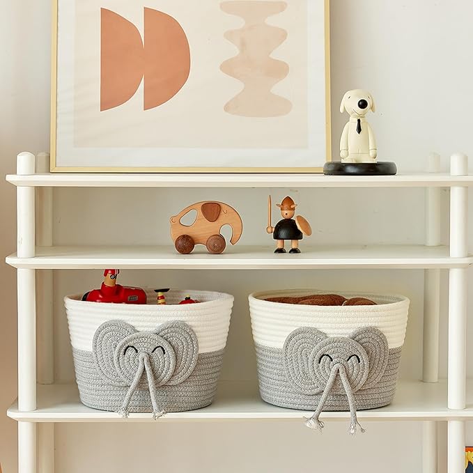 Adorable Small Elephant Cotton Rope Basket - Gift Empty Baskets - Toy Storage Basket, Woven Basket for Baby Essentials, Decorative Woven Basket for Nurseries and Playrooms (11"x7")-CubbioJoy