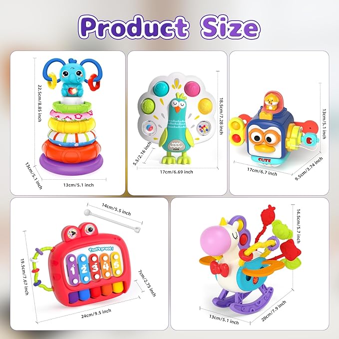 5 in 1 Baby Toy for 12 18 Month, Learning Toys for Babies 12-18 Months, Baby Busy Cube, Stacking&Sensory, Pull String&Piano Xylophone Toy, Birthday Gift for 12+ Month-CubbioJoy