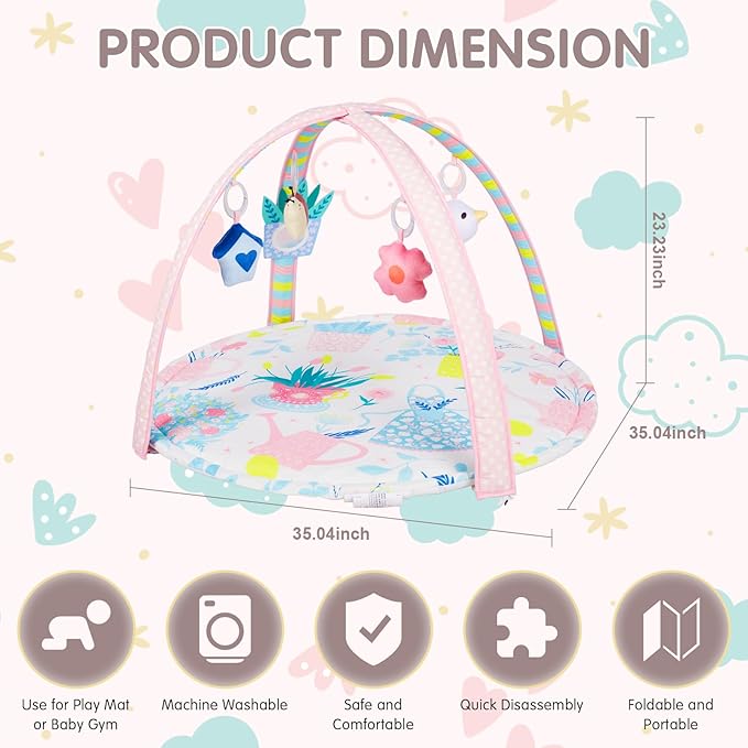 Activity Gym, Baby Play Gym Mat for Toddlers, 0-18 Months Tummy Time Play Mats, Infant Play Gym with Detachable Toys for Sensory Exploration and Motor Skill Development, PM2407-CubbioJoy
