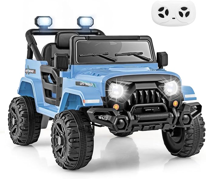 Costzon 12V Kids Ride on Truck Car, Electric Vehicle w/Remote Control, Threaded Wheels, 3 Speeds, LED Lights, Music, Horn & Wireless Connection, Battery Powered Ride on Toy for Boys & Girls 3+ (Blue)-CubbioJoy