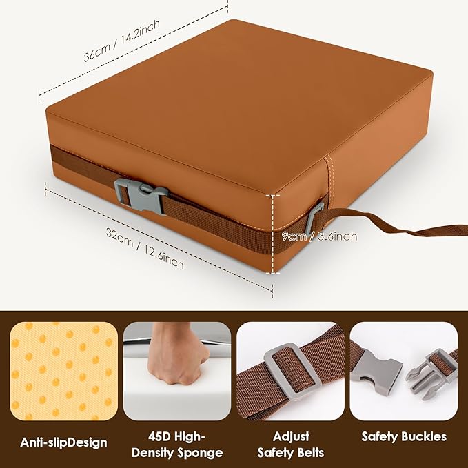 Booster Seat for Kitchen Chair with Comfy Backrest and Adjustable Safety Buckles,Non-Slip Kid Toddler Booster Seat for Dining Table,Portable PU Travel Baby Booster Increasing Cushion Chair-CubbioJoy