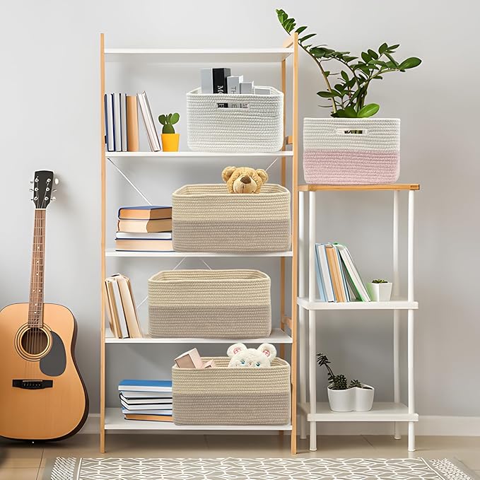 COMFY-HOMI Cotton Rope Woven Basket with Handles for Shelves,Toys,Book, Cloth Storage Baskets for Organizing-17" x 13" x 7.5" Toy Decorative Organizer for Living Room, Bathroom （Beige brown）-CubbioJoy