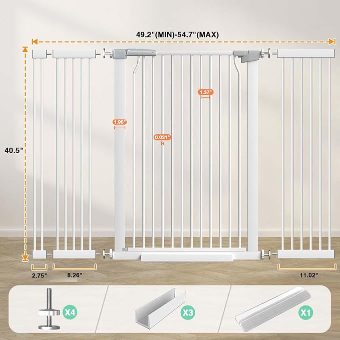40.5" Extra Tall Baby Gate No Drill, 49.2"-54.7" Extra Wide Dog Gate Indoor, Pressure Mounted Safety Child Gate, Auto Close Pet Gate for Stairs Doorways Walk Through, White-CubbioJoy