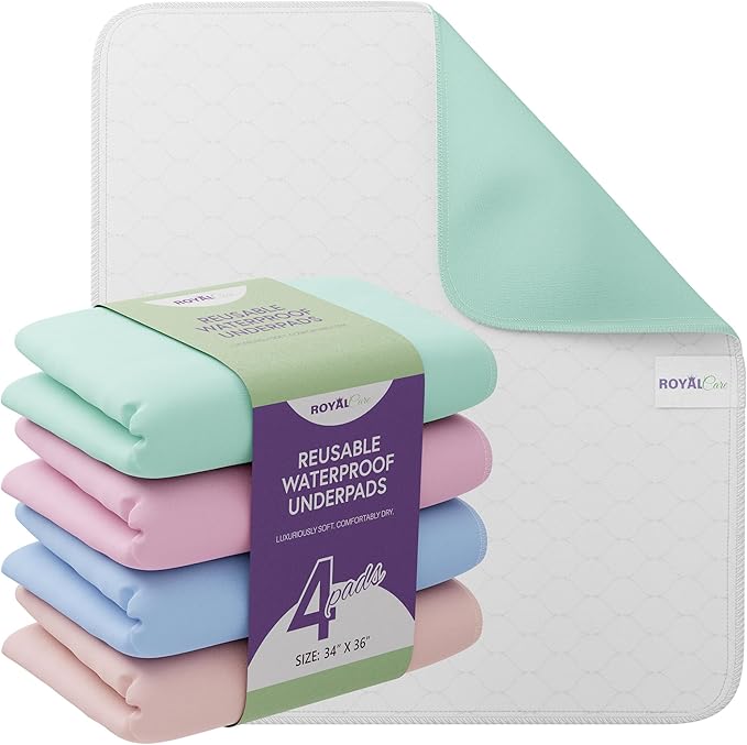 Incontinence Bed Pads - 4 Pack 34" x 36" Reusable Waterproof Mattress Protectors - Highly Absorbent, Machine Washable - for Children, Pets and Seniors - Multi Color - Royal Care-CubbioJoy