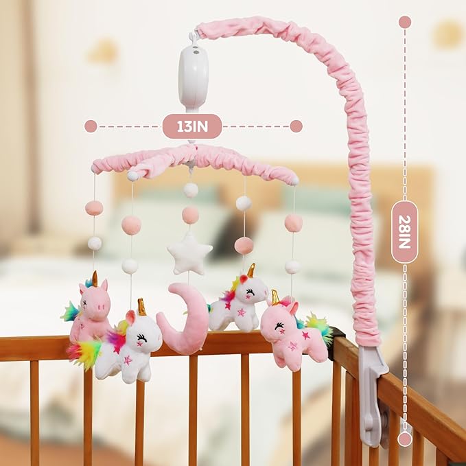 Baby Crib Mobile - Unicorn Crib Mobile for Girls with 25 Inches Mobile Arm and 35 Lullabies Musical Box, 3 Modes Digital, Volume Control, Essential Gift for Infant Bedroom Hanging Decor-CubbioJoy