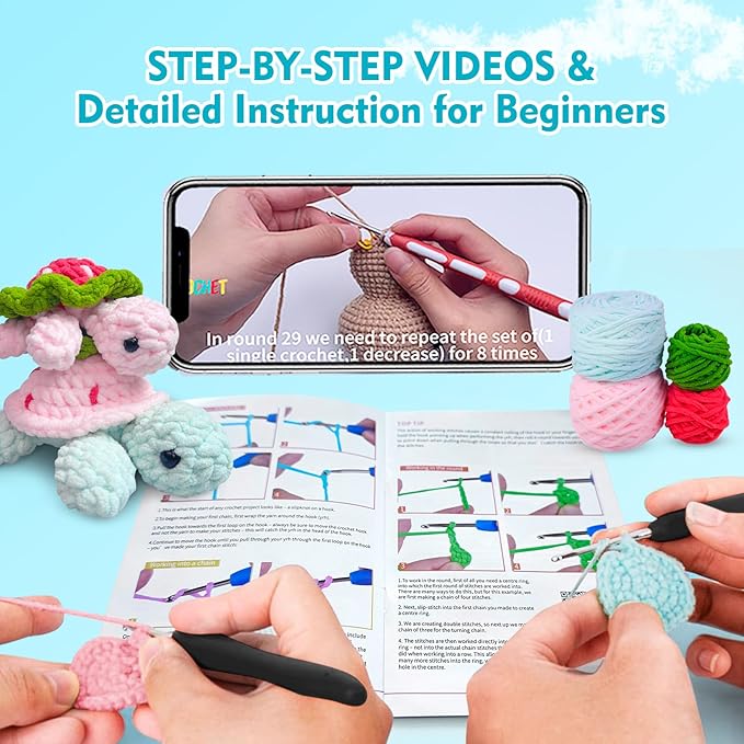Crochet Kit for Beginners,Crochet Starter Kit with Step-by-Step Video Tutorials,DIY Crochet Animal Kits for Adults Kids,Complete Kit Included(2PCS Turtle)-CubbioJoy