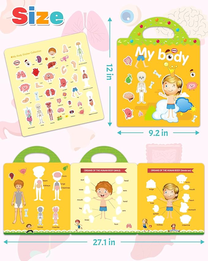 Benresive Reusable Sticker Book for Toddlers 2-4 Years, Fun Travel Stickers for Kids, Waterproof Sticker Books for Toddlers 1-3, Crafts Activities for Todddlers 1-3 2-4 3-5 - My Body-CubbioJoy